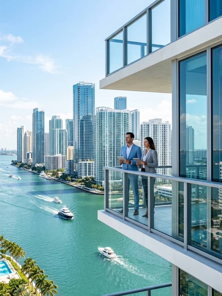 Business couple on balcony overlooking Miami